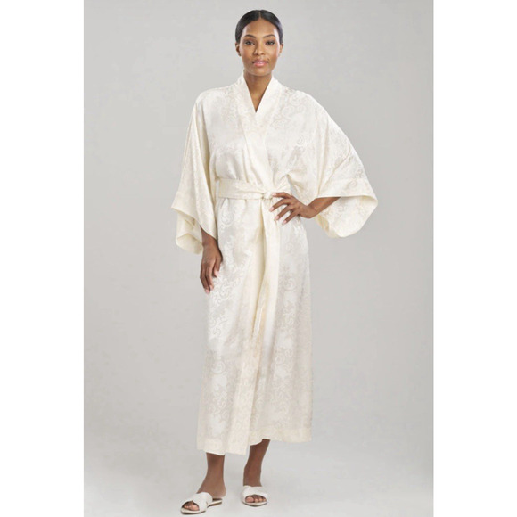 Natori Jacquard‎ Satin Womens Robe Size Medium Ivory Kimono Belted Sleepwear - Picture 1 of 16